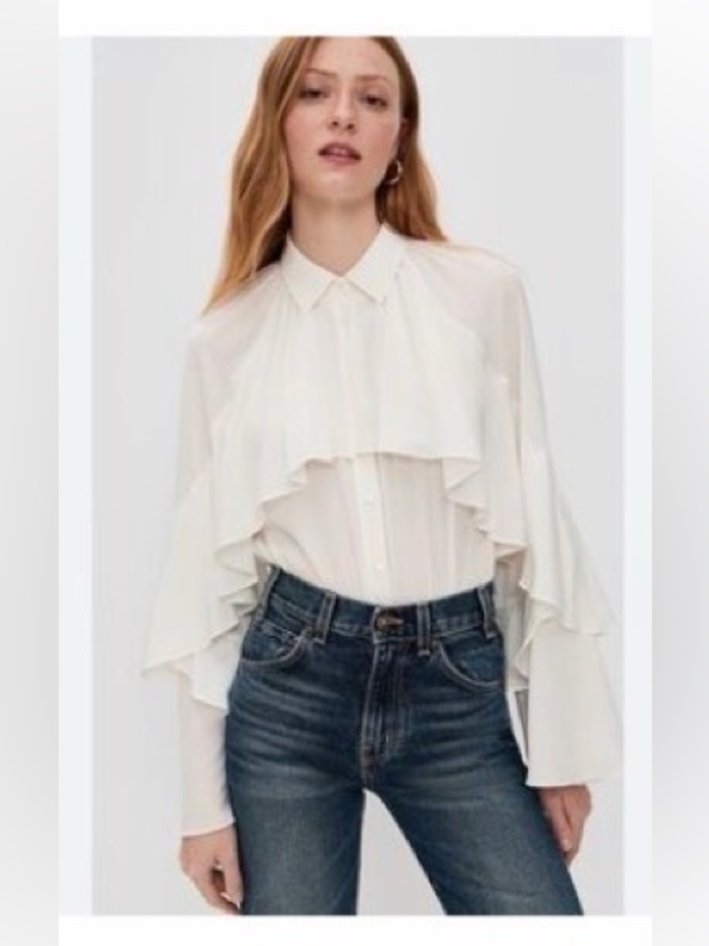 Veronica Beard Cream Ruffle-Trim Button Front Blouse